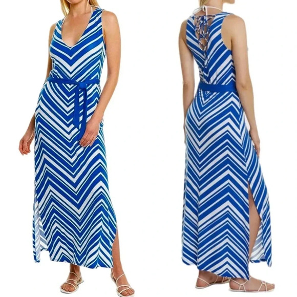 La Blanca Archistripe Swim Cover Up Maxi Dress Blue MISSING BELT Size M NWT - Picture 1 of 11